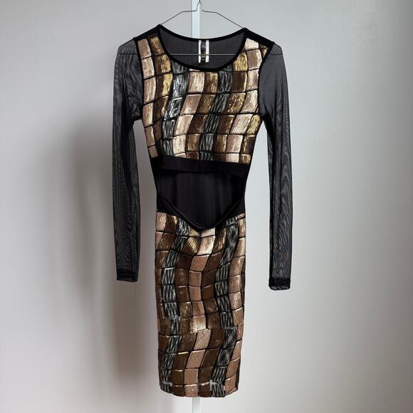 Uptown U.S.A. sz S black gold sequin midriff‎ cut out midi dress - Picture 1 of 8